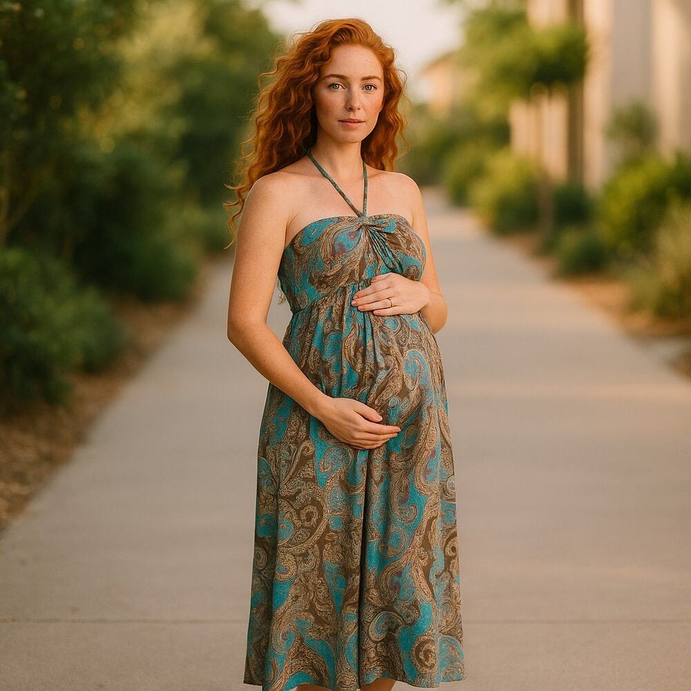 Maternal America Womens Dress Size XL Teal Brown Paisley Halter Maternity NEW